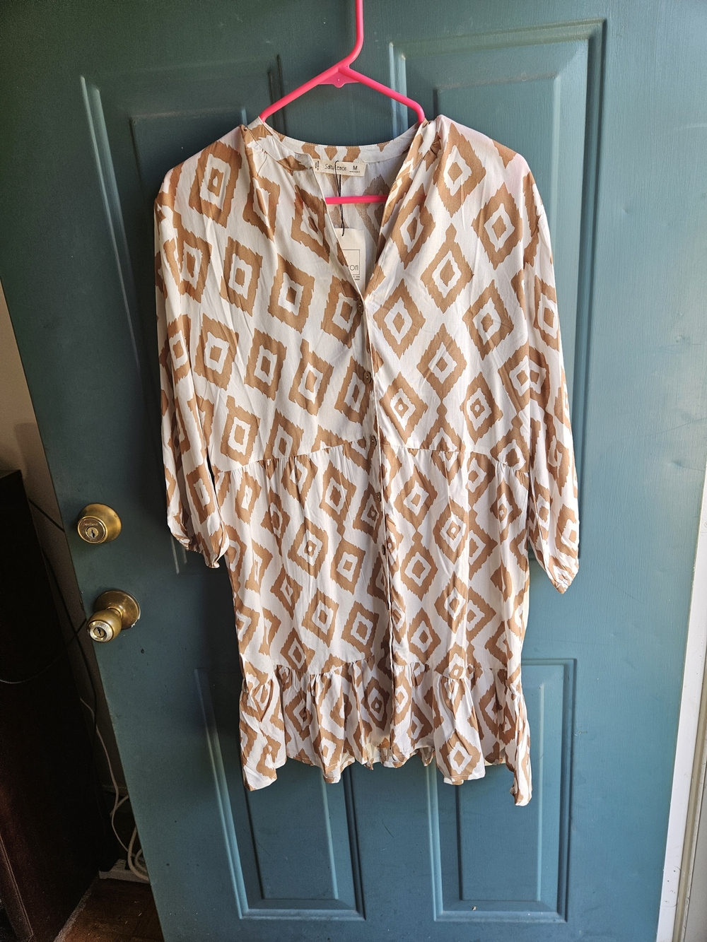 Salty Lemon Taupe Diamond Print Smock Tunic Dress Or Top Size Medium
